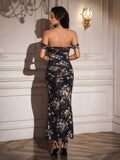 ruched off shoulder zipper back bodycon dress#color_blackfloral