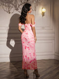 ruched off shoulder zipper back bodycon dress#color_pinkwhitef
