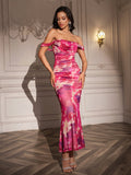 zipper back ruched off shoulder bodycon dress#color_print
