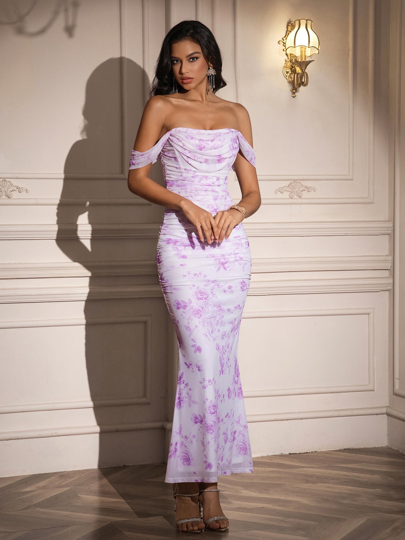 ruched zipper back off shoulder bodycon dress#color_lavenderfloral