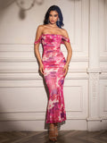 ruched zipper back off shoulder bodycon dress#color_print