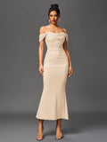 ruched zipper back off shoulder bodycon dress#color_beige