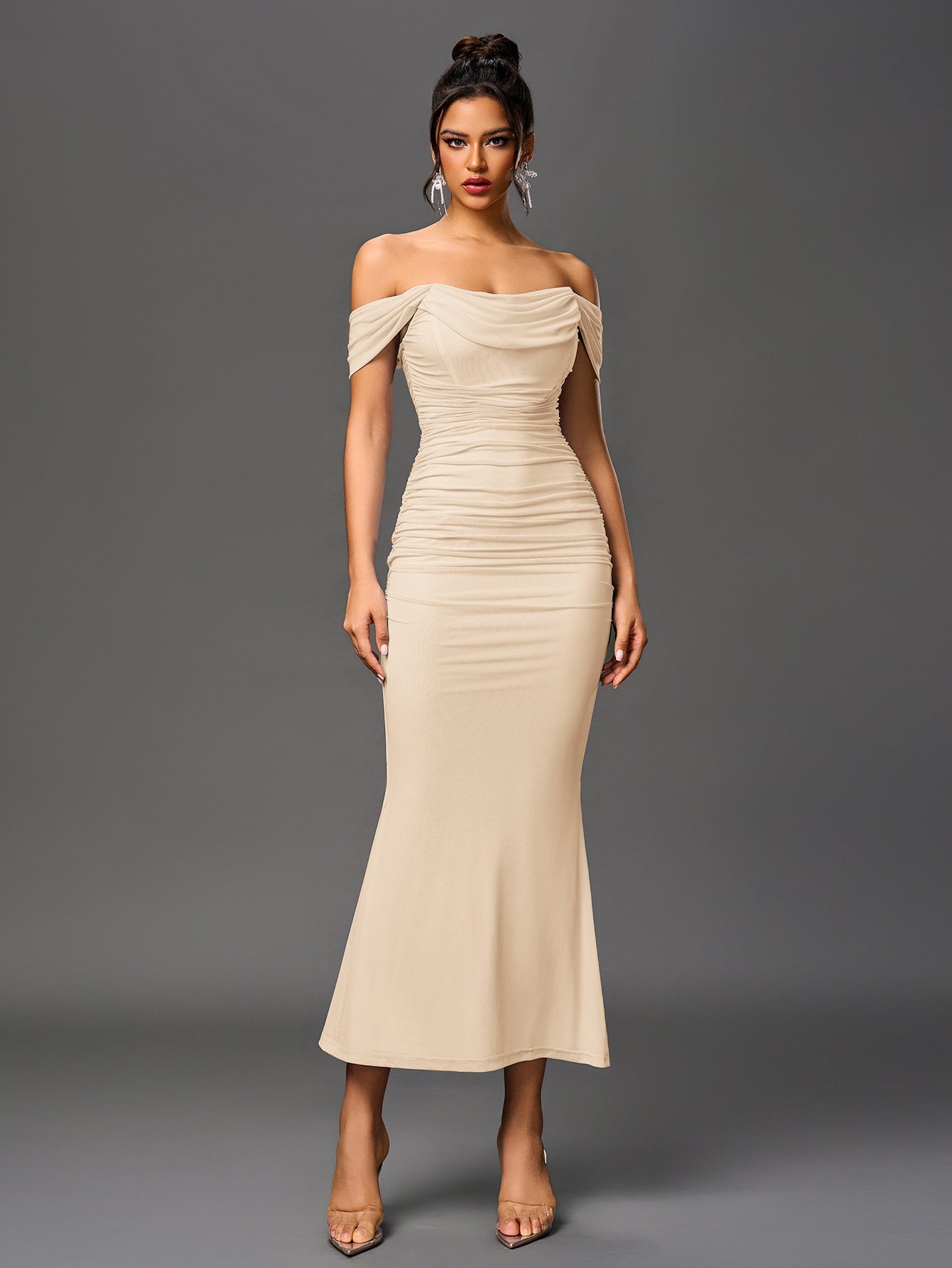 ruched zipper back off shoulder bodycon dress#color_beige