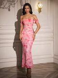 ruched zipper back off shoulder bodycon dress#color_pinkwhitef