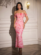 ruched zipper back off shoulder bodycon dress#color_pinkwhitef