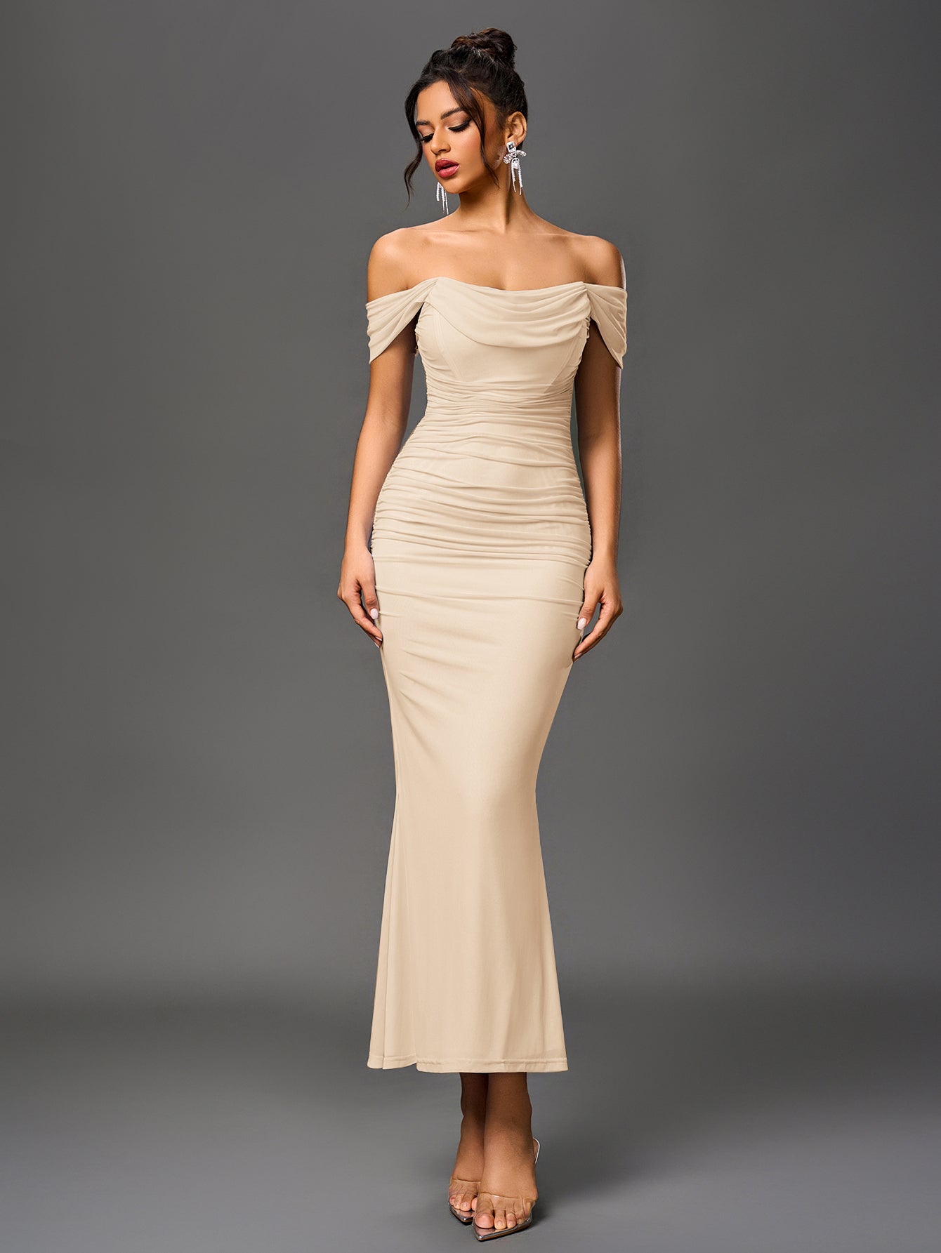 Off shoulder ruched maxi dress - View 55 | WEUXS