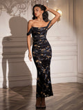 off shoulder zipper back ruched bodycon dress#color_goldfloral