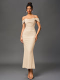 off shoulder zipper back ruched bodycon dress#color_beige