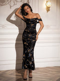 zipper back off shoulder ruched bodycon dress#color_goldfloral