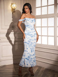 zipper back off shoulder ruched bodycon dress#color_bluefloral