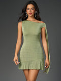 Woman wearing a lime green one-shoulder sheath dress with draped sleeve detail and ruffled hem.