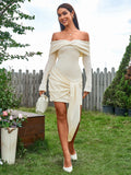 twist front trim bodycon off shoulder dress#color_apricot