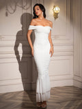 Ruched Off Shoulder Zipper Back Maxi Dress#color_white