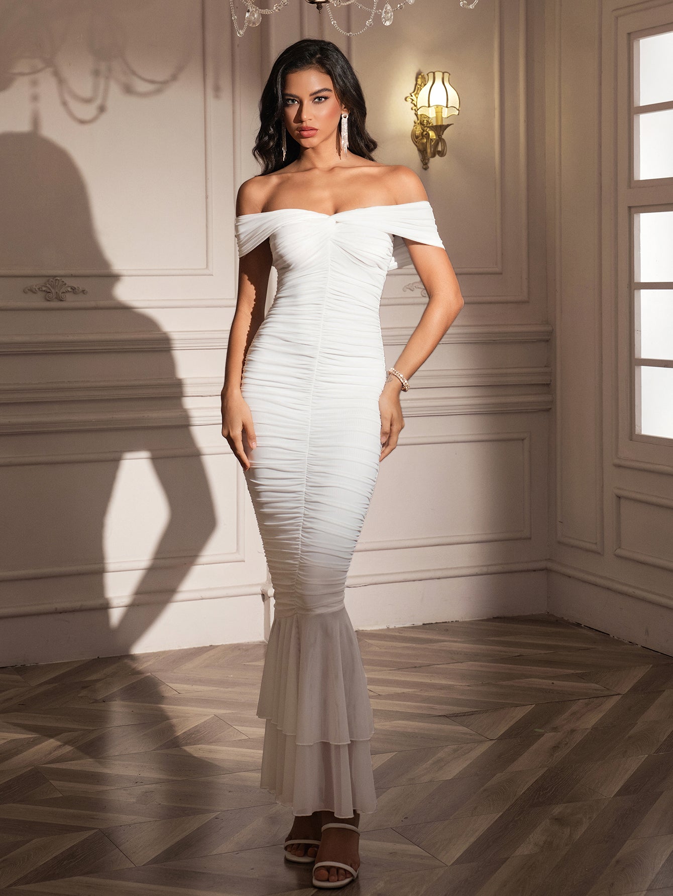 Ruched Zipper Back Off Shoulder Maxi Dress#color_white