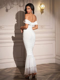 Zipper Back Off Shoulder Ruched Maxi Dress#color_white