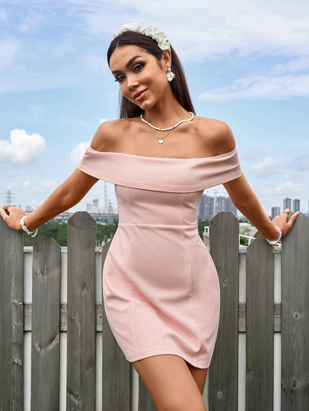 Off Shoulder Zipper Back Waffle Mini Dress - View 6 | WEUXS