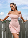 Off Shoulder Zipper Back Waffle Mini Dress - View 6 | WEUXS