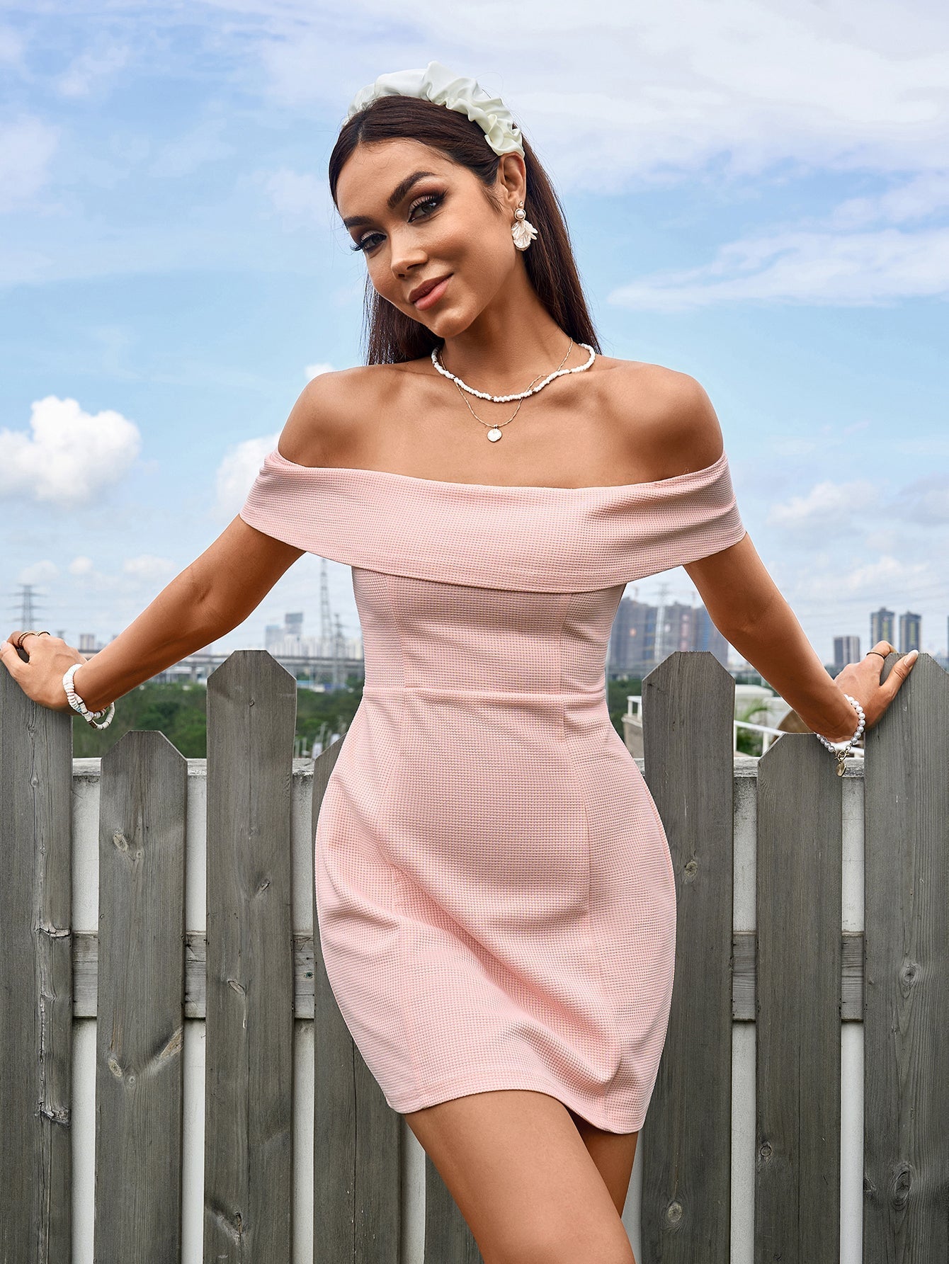 Off Shoulder Zipper Back Waffle Mini Dress - View 6 | WEUXS