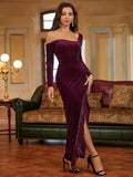 one shoulder asymmetrical hem bodycon satin dress#color_wine