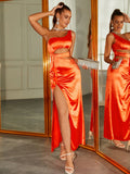 One Shoulder Satin Maxi Dress - View 6 | WEUXS