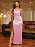 Elegant pink satin one-shoulder dress with a dramatic slit and flowing ruffles.