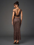 Back view of a woman in a brown leopard print sheer mesh two-piece set, showcasing an open back top and a long fitted skirt.