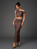 Model posing in a brown leopard print sheer mesh two-piece set featuring a cropped asymmetrical top and a long skirt.