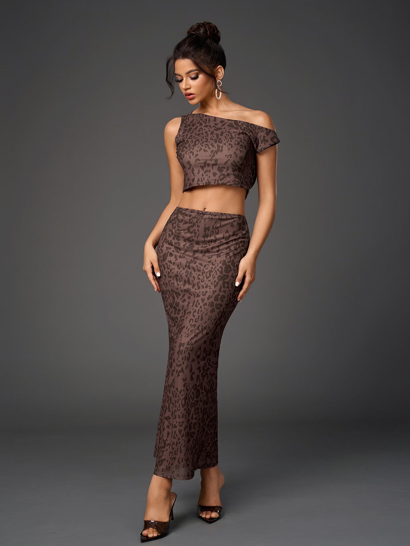 Model posing in a brown leopard print sheer mesh two-piece set featuring a cropped asymmetrical top and a long skirt.