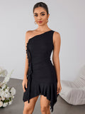 Model posing in a black one-shoulder ruched dress with ruffled accents.
