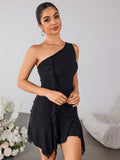 Front detail of a black one-shoulder dress with ruffled embellishments.