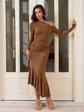 One Shoulder Ruched Asymmetrical Hem Maxi Dress - View 6 | WEUXS