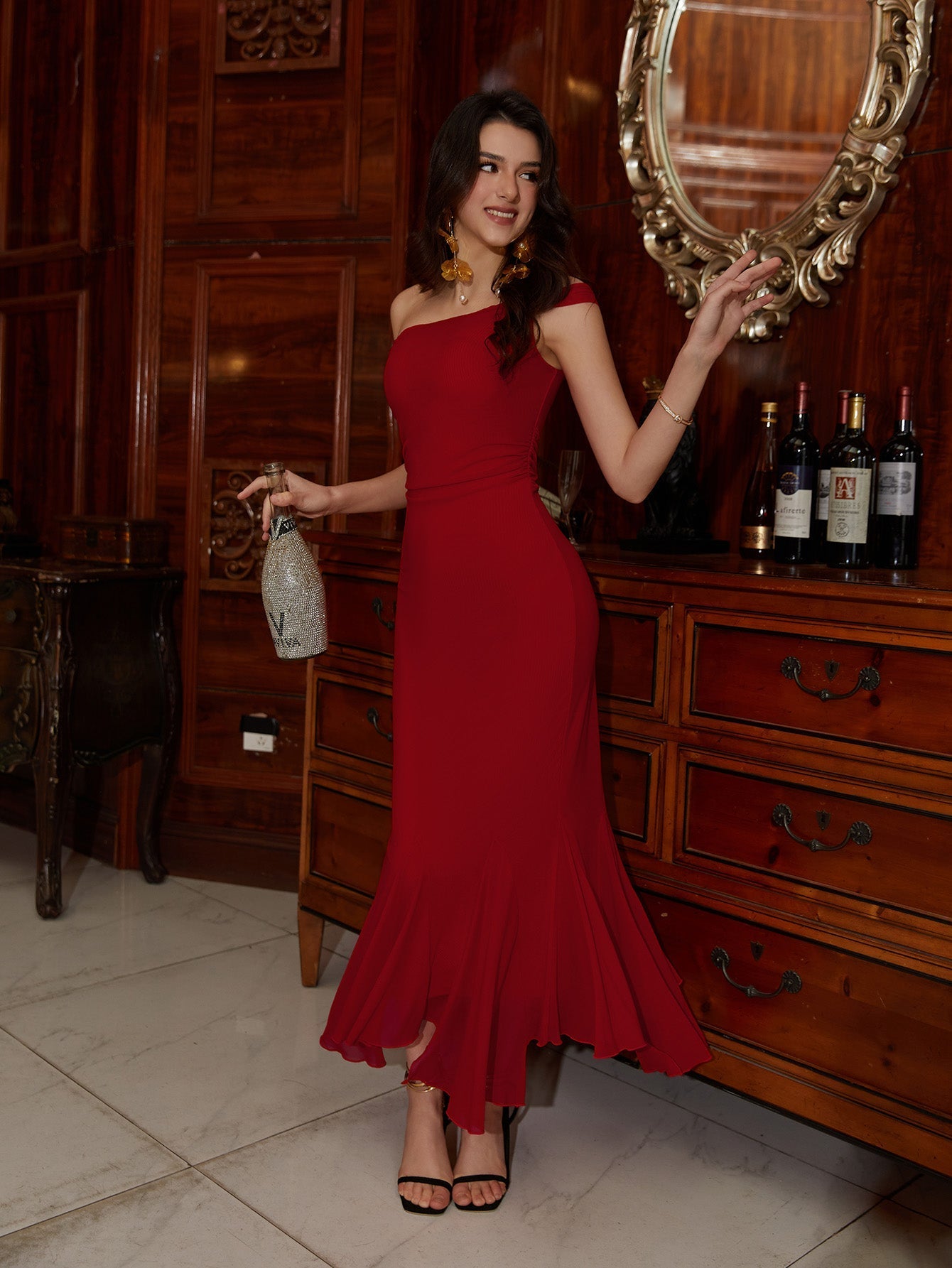 asymmetrical hem mesh ruched one shoulder bodycon dress#color_red
