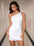 One Shoulder Ruched Satin Backless Mini Dress#color_white