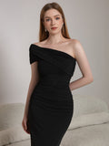 One Shoulder Ruched Solid Midi Dress - View 6 | WEUXS