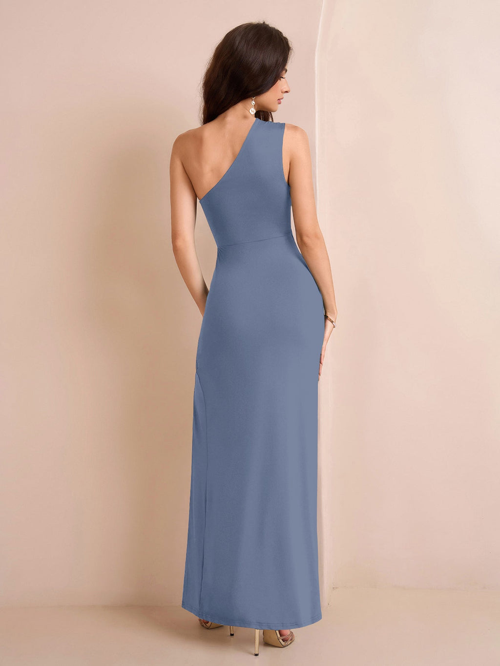 One Shoulder Ruched Waist Split Thigh Solid Dress - View 8 | WEUXS