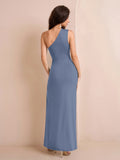 One Shoulder Ruched Waist Split Thigh Solid Dress - View 8 | WEUXS