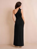 One Shoulder Ruched Waist Split Thigh Solid Dress - View 14 | WEUXS