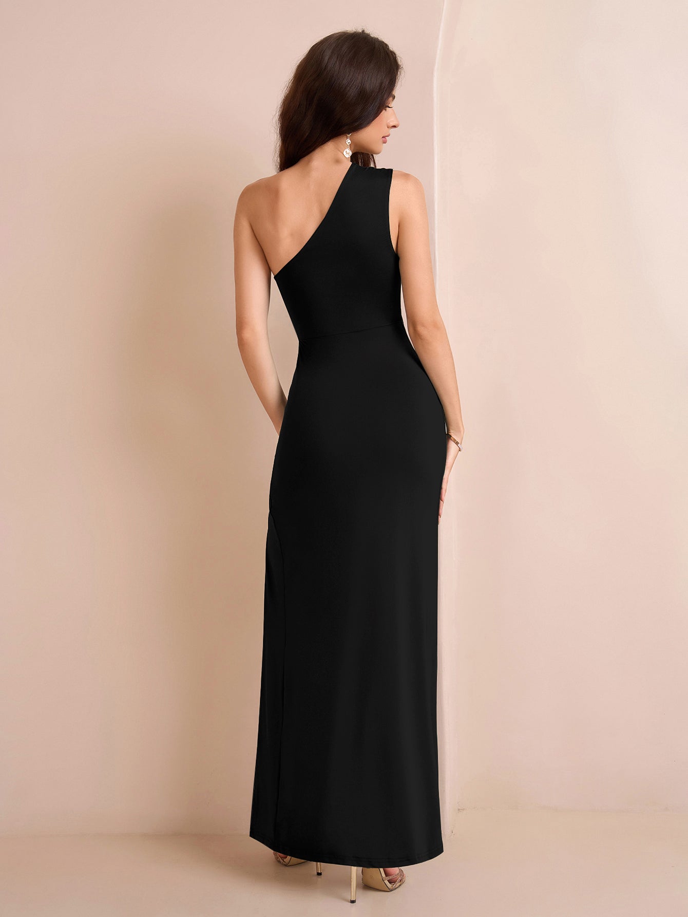 One Shoulder Ruched Waist Split Thigh Solid Dress - View 14 | WEUXS