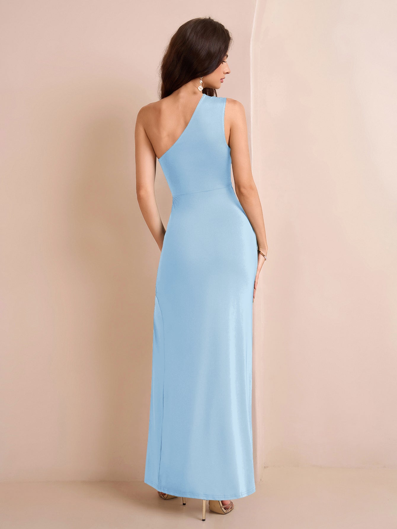 One Shoulder Ruched Waist Split Thigh Solid Dress - View 20 | WEUXS