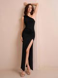 One Shoulder Ruched Waist Split Thigh Solid Dress - View 18 | WEUXS