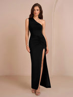 One Shoulder Ruched Waist Split Thigh Solid Dress - View 13 | WEUXS