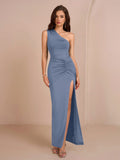One Shoulder Ruched Waist Split Thigh Solid Dress - View 7 | WEUXS