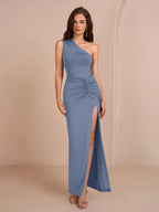 One Shoulder Ruched Waist Split Thigh Solid Dress - View 7 | WEUXS