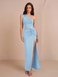 One Shoulder Ruched Waist Split Thigh Solid Dress - View 19 | WEUXS