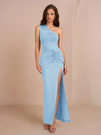 One Shoulder Ruched Waist Split Thigh Solid Dress - View 19 | WEUXS