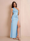 split thigh one shoulder ruched waist solid dress#color_blue
