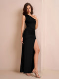 One Shoulder Ruched Waist Split Thigh Solid Dress - View 15 | WEUXS