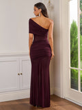 Back view of a burgundy one-shoulder ruched gown with sheer panels