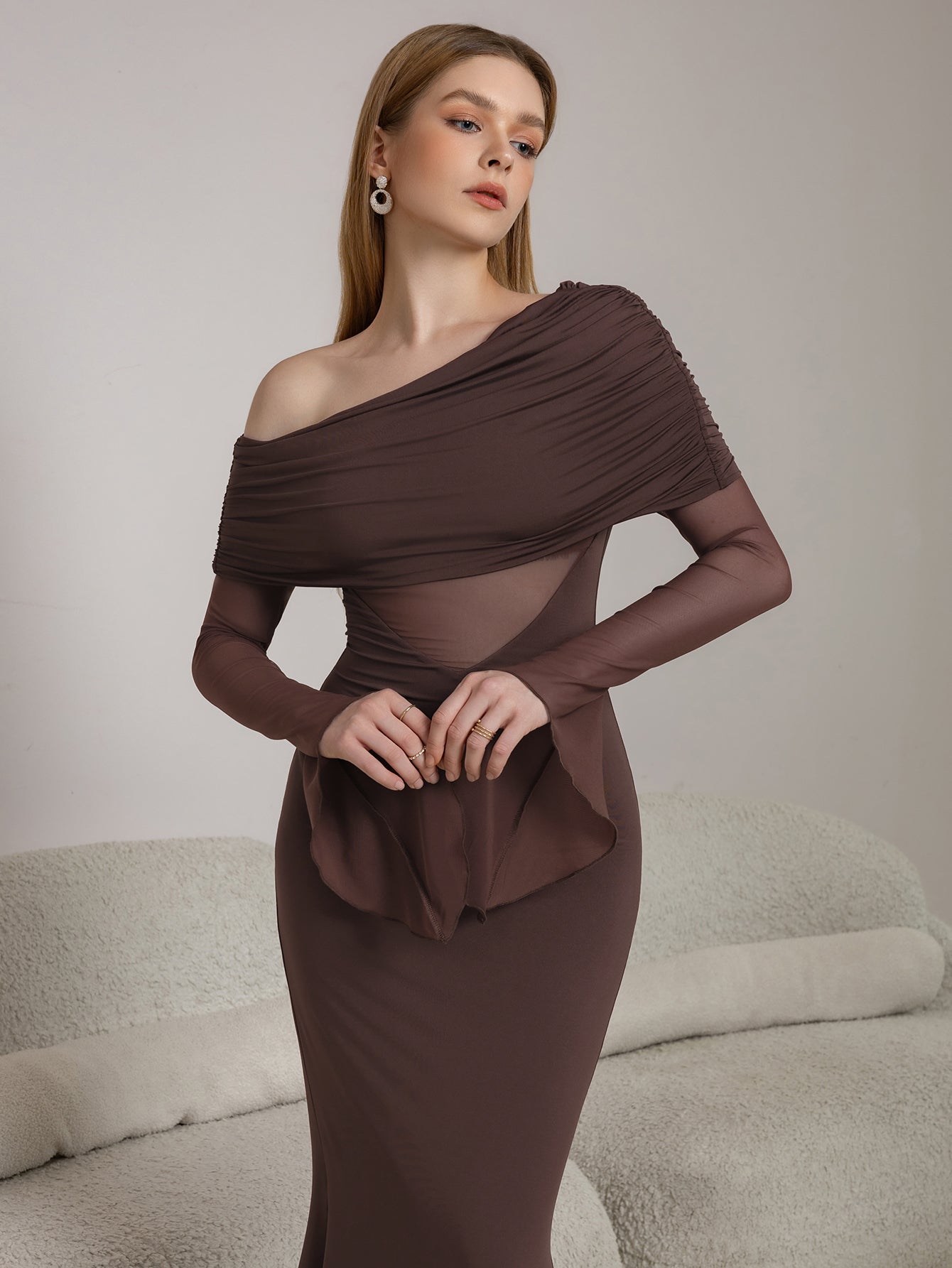 One Shoulder Ruched Mesh Dress - View 6 | WEUXS