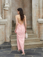 tie back one shoulder backless jacquard long dress#color_pink